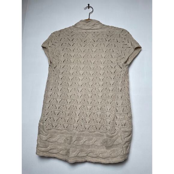 Beige Cardigan Womens Small Short Sleeve Sweater Tan Knit Open Top Boho Shirt - Picture 7 of 11
